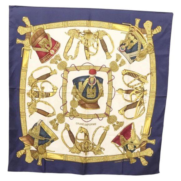 HERMES Carre 90 Scarf ""GRAND UNIFORME"" Silk Blue White Auth - Picture 1 of 16